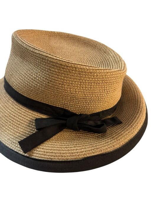Eric Javits Squishee Packable Fedora Straw Hat Beige Black Bow Vacation